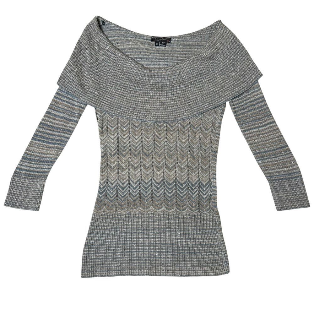 My Michelle Gray Striped Chevron Knit‎ Off Shoulder Blouse 3/4 Sleeve Size M